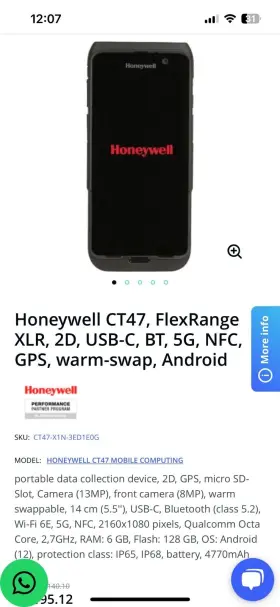 Ct47-x0n-37d100g Honeywell Ct47 Wi-fi 6e 6g/128g 5.5 Inch 2160x10 #3