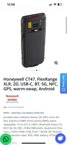 Ct47-x0n-37d100g Honeywell Ct47 Wi-fi 6e 6g/128g 5.5 Inch 2160x10