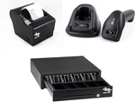 Durable Cash Register Drawer, 80MM Thermal Printer & Cordless Barcode Scanner. Fixed Price $483.99.
