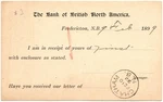 Bank Of British North America Fredericton New Brunswick 1899 Psc #7025. Fixed Price $10.12.